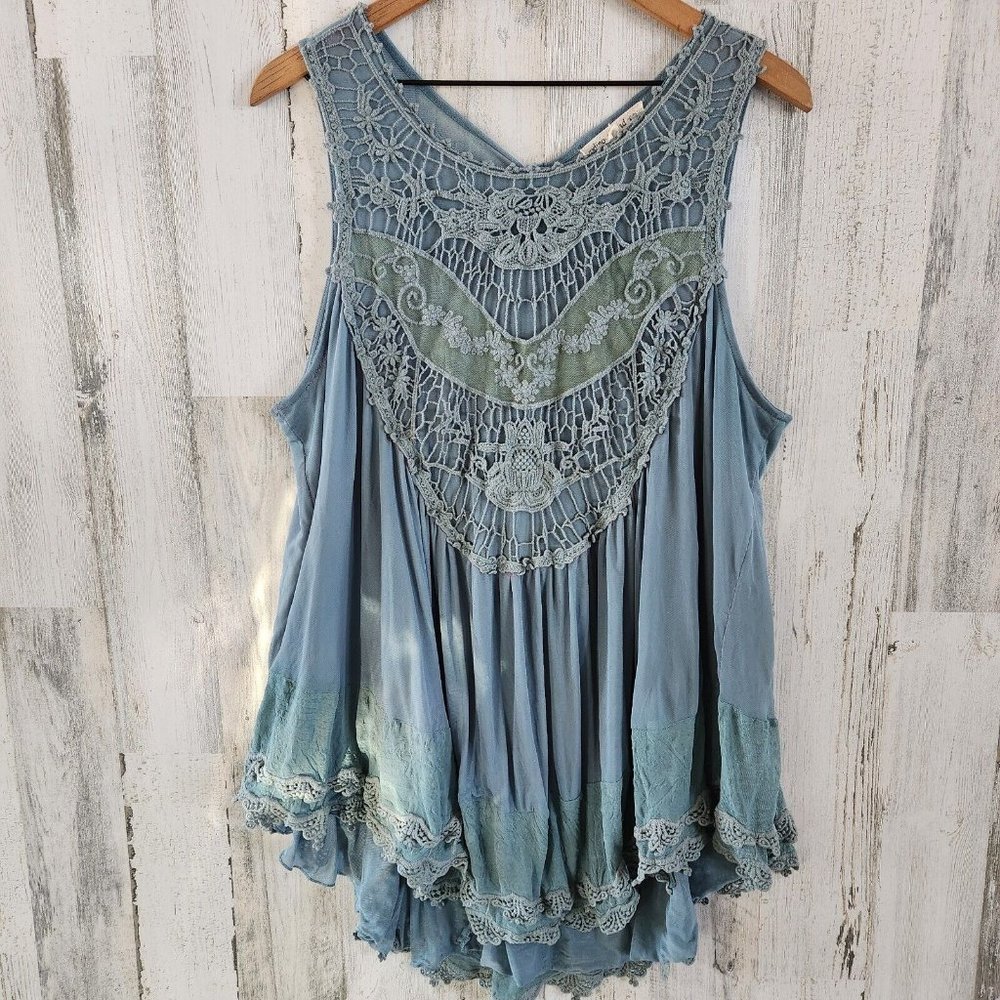 Indigo Thread Co. Sleeveless Crochet Mesh Hi-Lo Flounce Hem Top Sz XL Blue